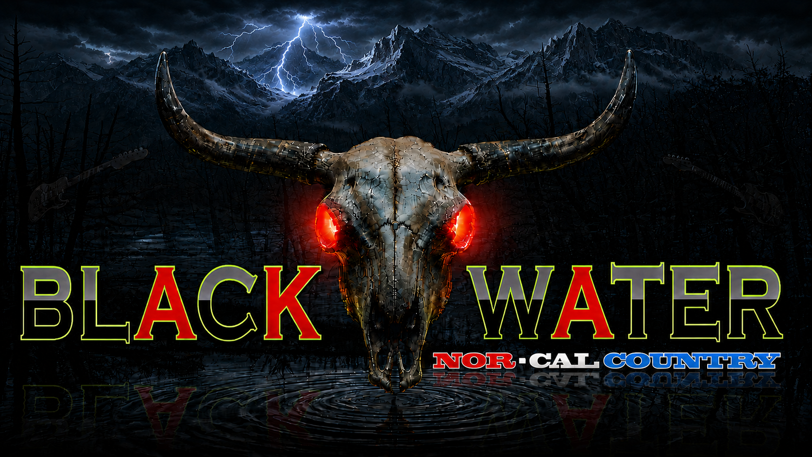 BlackWater Nor-Cal Country logo with a bull skull, lightning, and the Sierra Nevada mountains